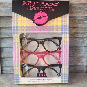 Betsey Johnson Reading Glasses +2.00 Readers 3 Pack  Tortoise Pink Black NEW